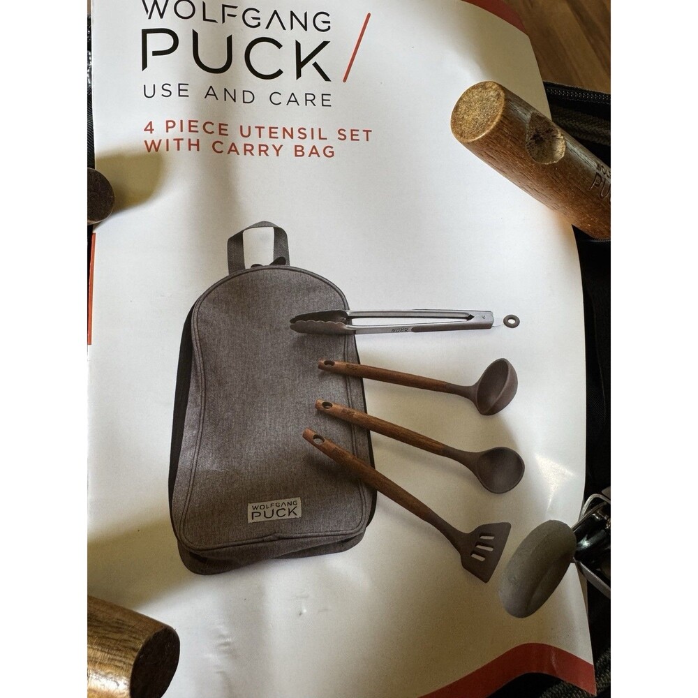 Wolfgang Puck 4 Piece Kitchen Utensil Set w/Carry Bag Acacia Wood Silicon Heads